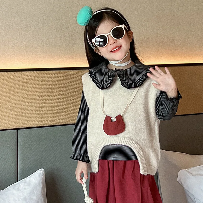 Одежда для маленьких девочек костюм Трикотажный жилет в полоску Новинка осени 2024
