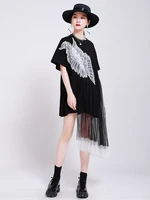 2022 summer new woman dresses fashion temperament angel wings stitching mesh dress o neck pullover loose short sleeve dress