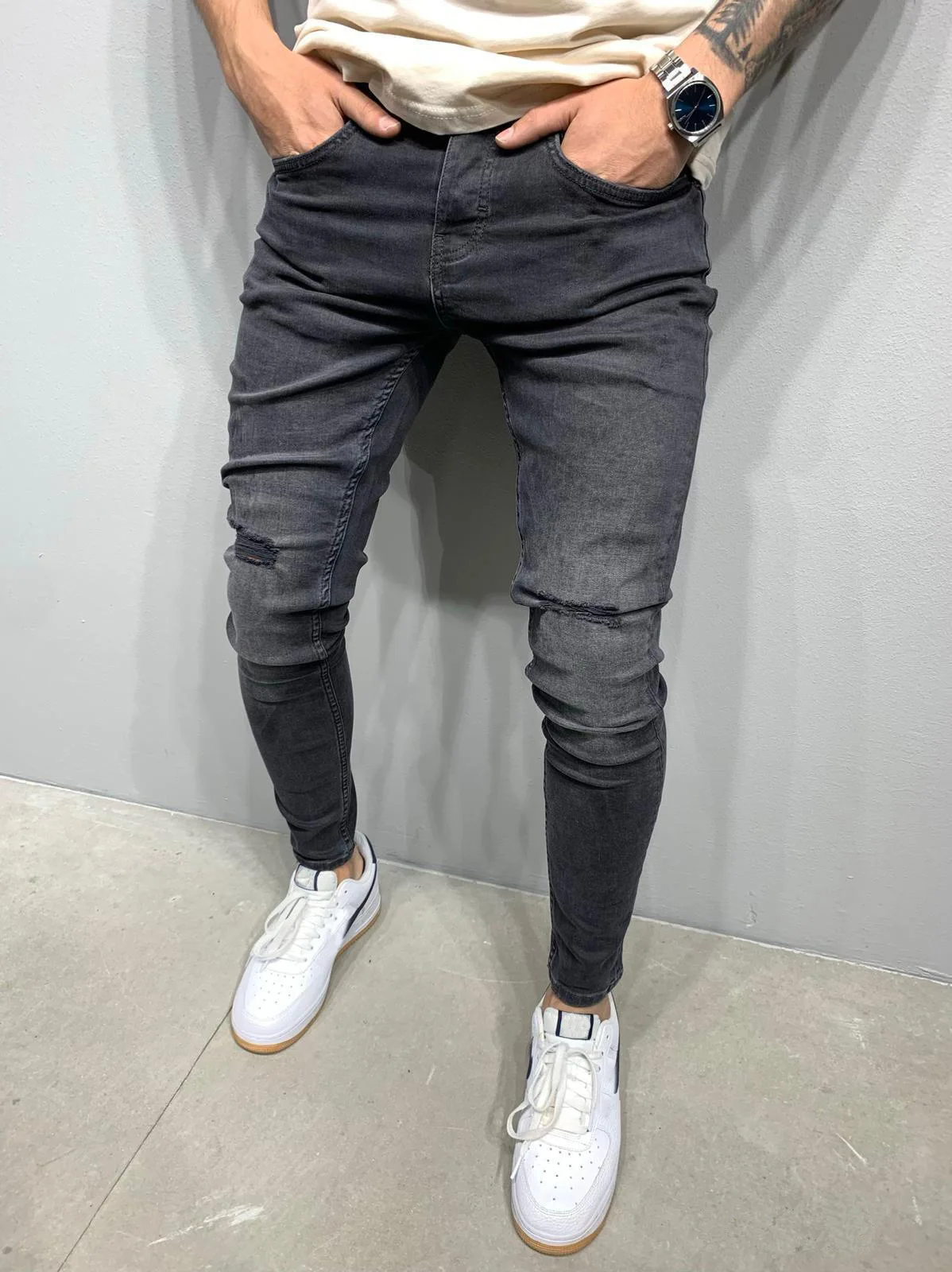 2022 New Men Casual Black Jeans Slim Pencil Pants Male Fashion Hole In Tear Skinny Motor Biker   Hip Hop Party Denim Clothing