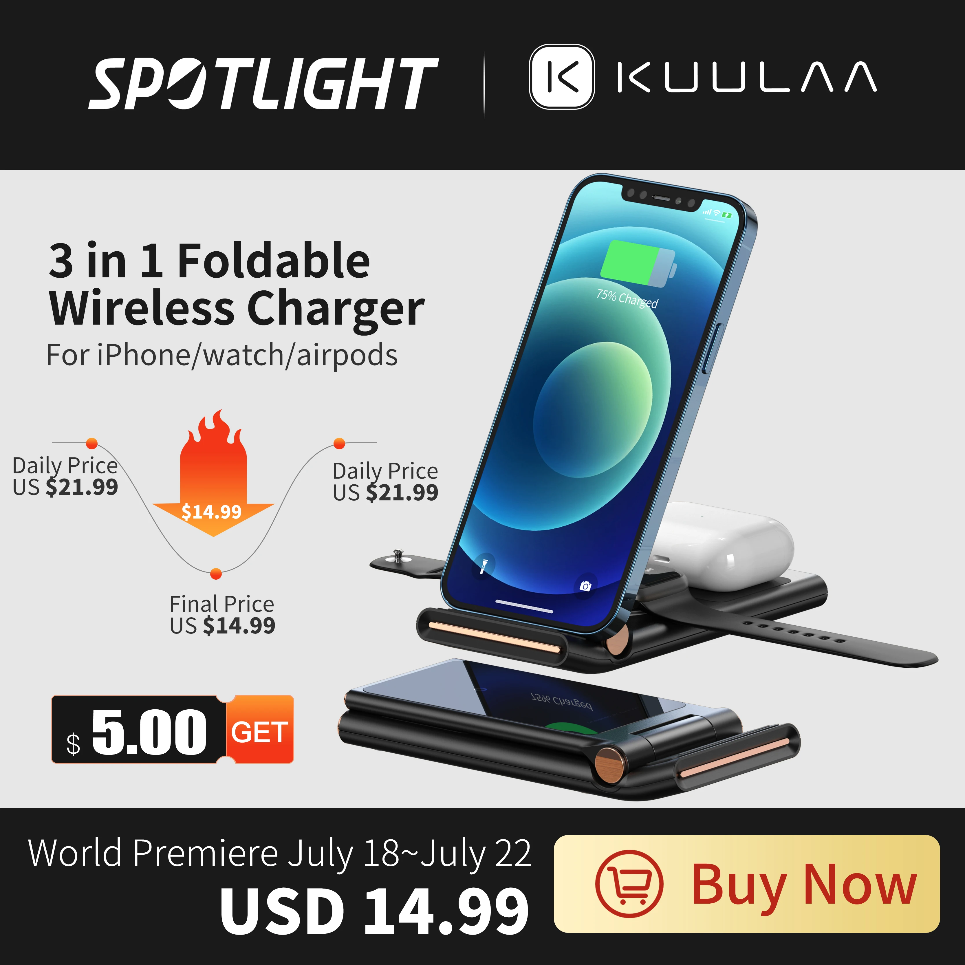  Беспроводное зарядное устройство KUULAA Qi 3 в 1 для iPhone 13 12 11 Pro MAX XR X 8, складная зарядная док-станция для Apple Watch Airpods Pro 