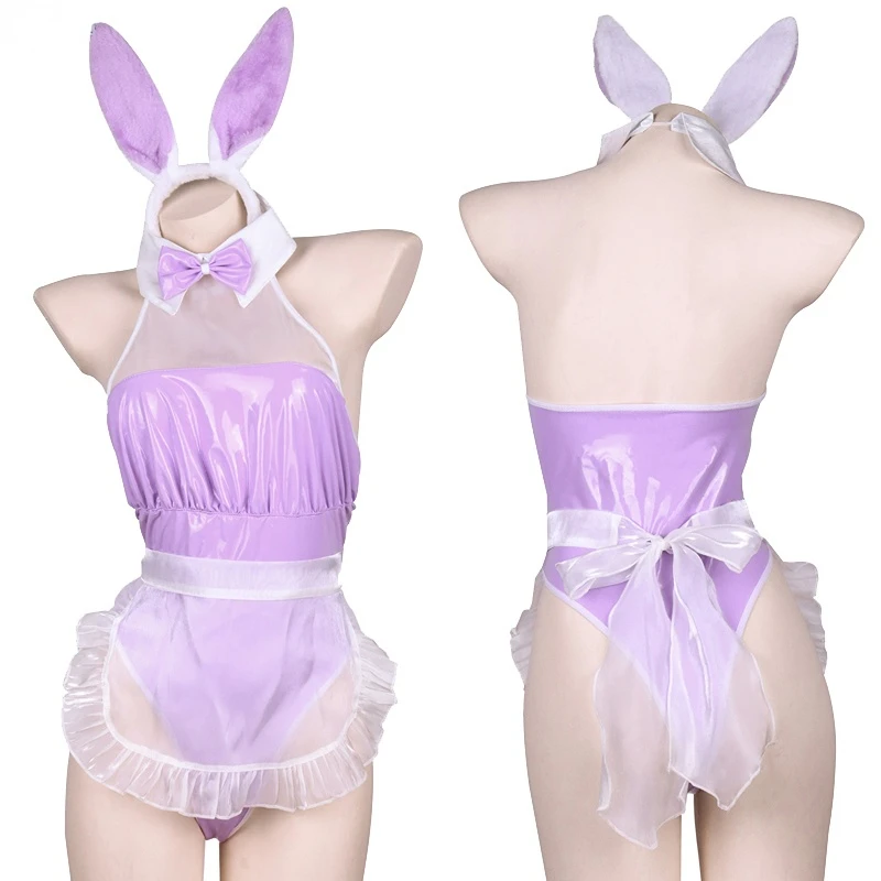 

Anime Girl Pink Purple Leather Bunny One-piece Swimstuit Unifrom Women Maid Apron Bodysuit Pajamas Outfits Cute Costume Cosplay