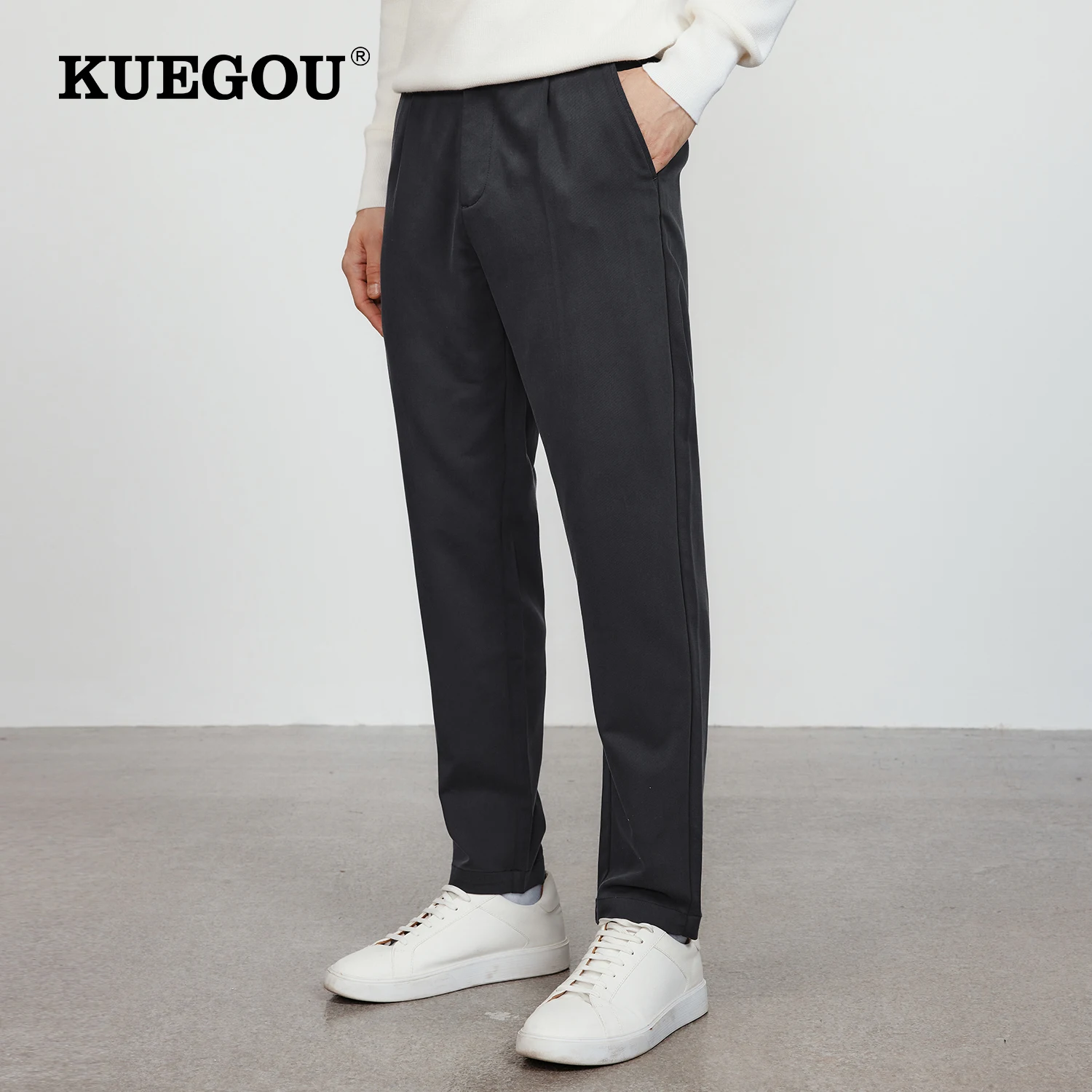 KUEGOU 202 Autumn Solid Black Gray Casual Pants Men Classic Brand fashion For Male Wear Work Straight Pocket Long Trousers 5211