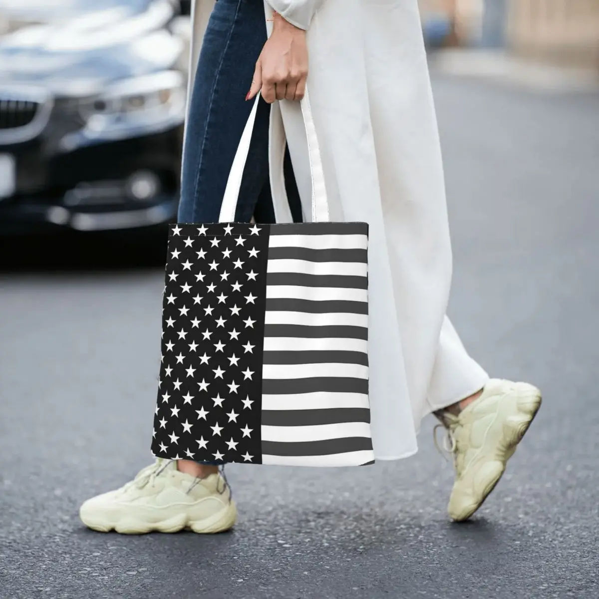 

Monochrome USA Flag Women Canvas Handbag Large Capacity Shopper Bag Tote Bag withSmall Shoulder Bag