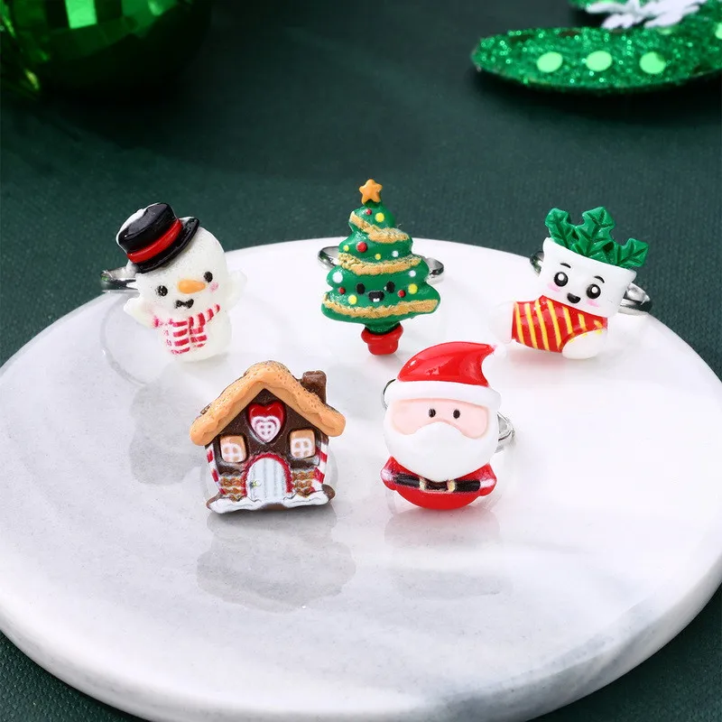 

5Pcs/Set Christmas Rings For Women Girls Children Cartoon Xmas Santa Claus Snowman Tree Socks House Resin Children's Ring Set