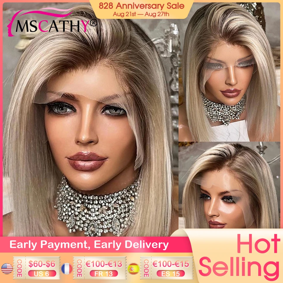 13x4 Ash Blonde Lace Front Human Hair Wig Ombre Short Bob Lace Closure Wig 4x4 HD Transparent Lace Front Wigs For Women Prepluck