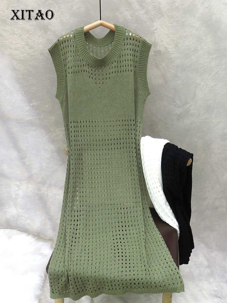 

XITAO Hollow Out Solid Dress Women Korea 2023 Summer New Arrival Personality Fashion Loose O-neck Short Sleeve Dress DMJ1727