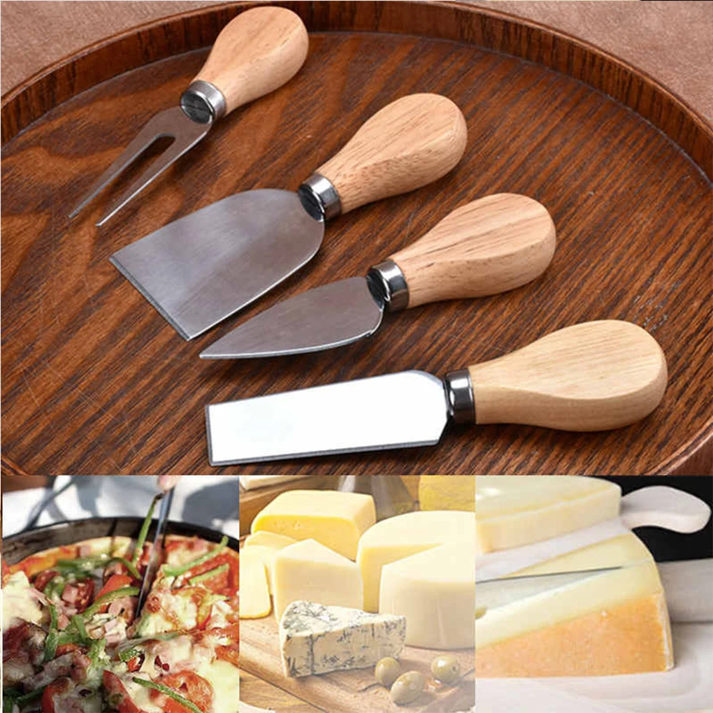 

New Portable 4PCS/Set Wood Handle Oak Bamboo Cheese Cutter Knife Slicer Kit Kitchen Cheese Cutter Useful Cooking Tools