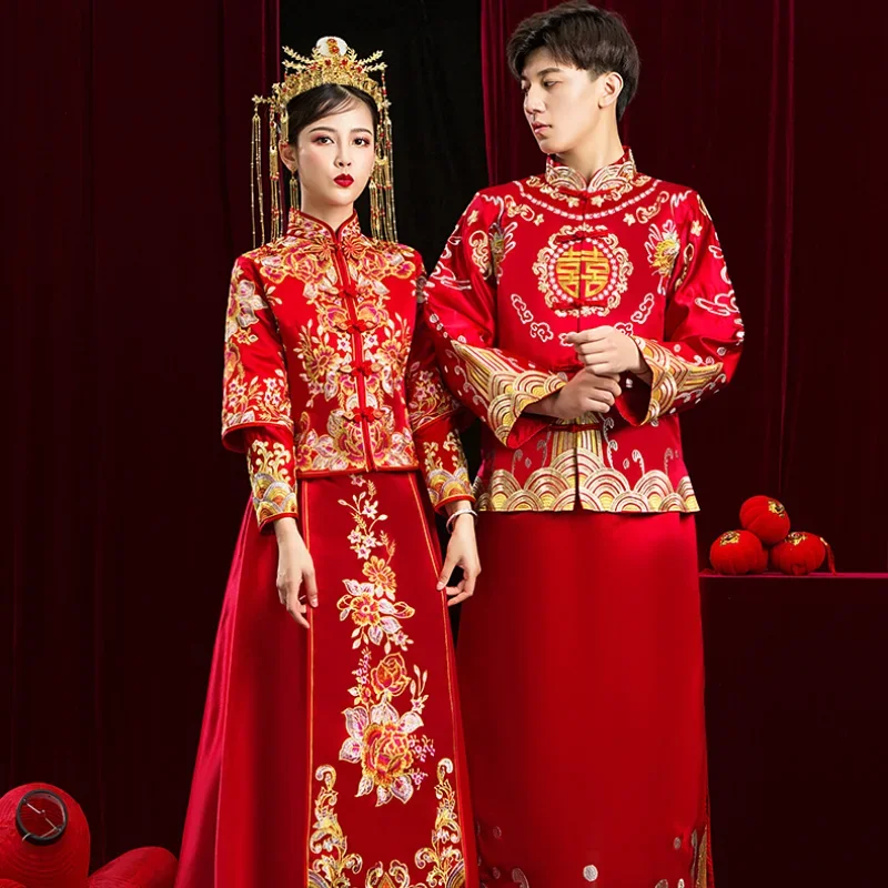 

Chinese Wedding Dress Traditional Cheongsam Vintage Plus Size Modern Red Couple Qipao Skirt Women Man Tang Suit Oriental Dresses