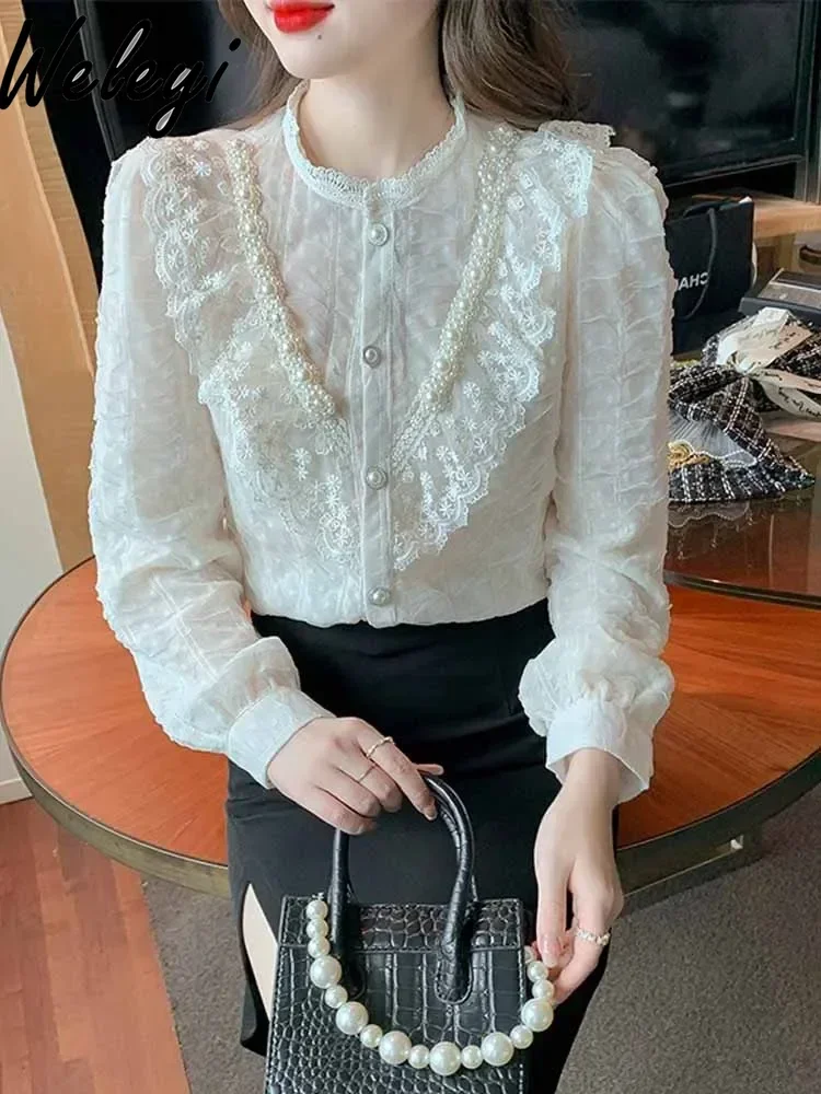 Женские французские ретро-топы Осенние милые универсальные нишевые кружевные