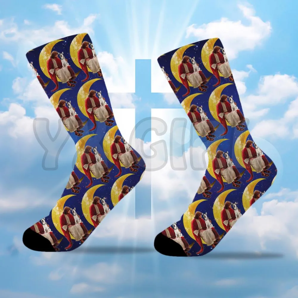 Alaskan Malamute And JesusGod Sitting On The Moon  3d Printed socks High Socks Men Women high quality long socks Novelty socks