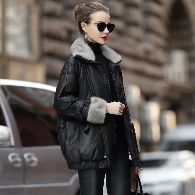 Leather Down Jacket Women's Winter Genuine Leather Coat Stand Collar Retro Embossed Sheepskin Mink Fur Leisure Loose Down Coat
