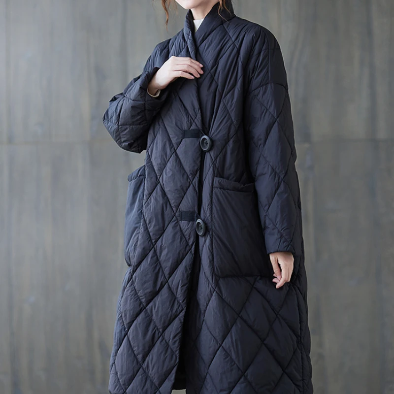 Mid-length Large Pocket Padded Jacket Women 2021 Autumn and Winter Retro Literature and Art Loose Stand-up Collar Padded Jacket