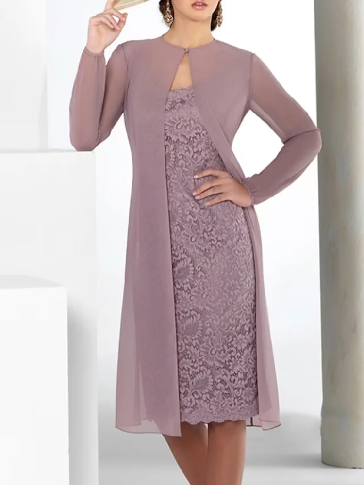 

Two Piece Mother of the Bride Dress Wedding Guest Scoop Neck Knee Length Chiffon Lace Long Sleeve Evening Gown