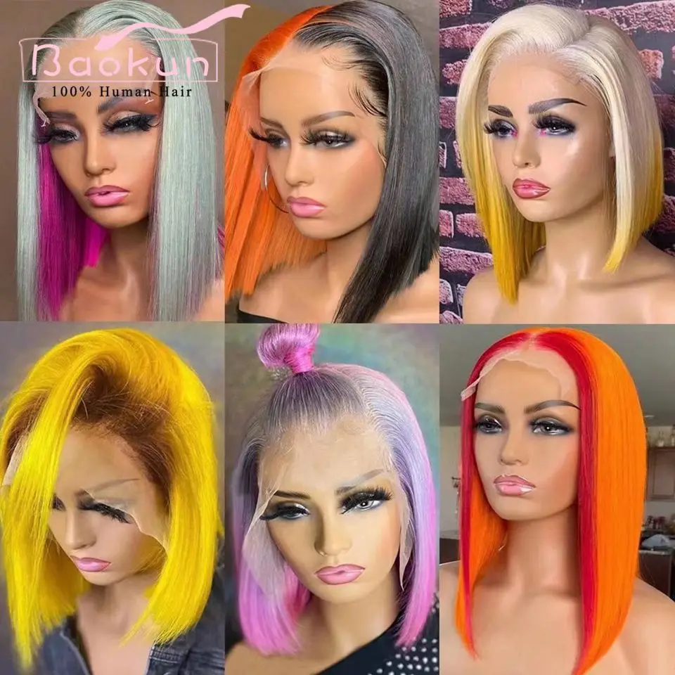 

13x 4 Цветные Короткие парики боб, парики из человеческих волос на шнуровке спереди, парик с хайлайтером желтого имбиря, HD прозрачный 360 парик на шнуровке спереди, человеческие волосы