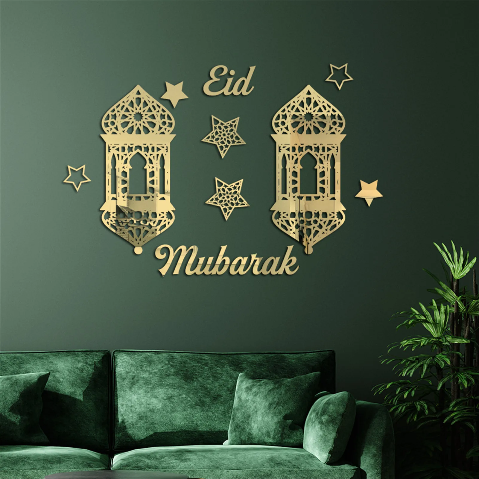 

Muslim Eid Festival Stars Lanterns Wall Stickers Circle Removable Self-adhesive Acrylic Mirror Setting Decals Wall Decor For Eid
