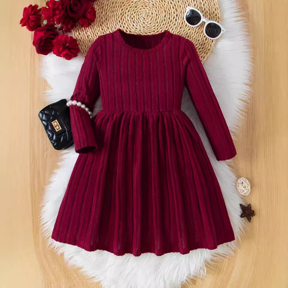 Girls Autumn and Winter Knitted Sweater Dress Solid Color Soft Long Sleeve Children Christmas Costume Birthday Casual Wear
