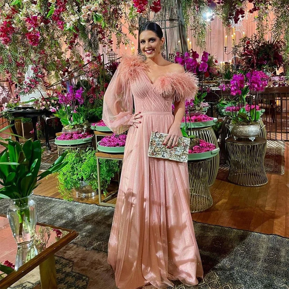 

Luxury Glitter Tulle Evening Dresses One Shoulder Long Sleeves Feathers Pleat Saudi Arabic Formal Prom Dress Wedding Party Gowns