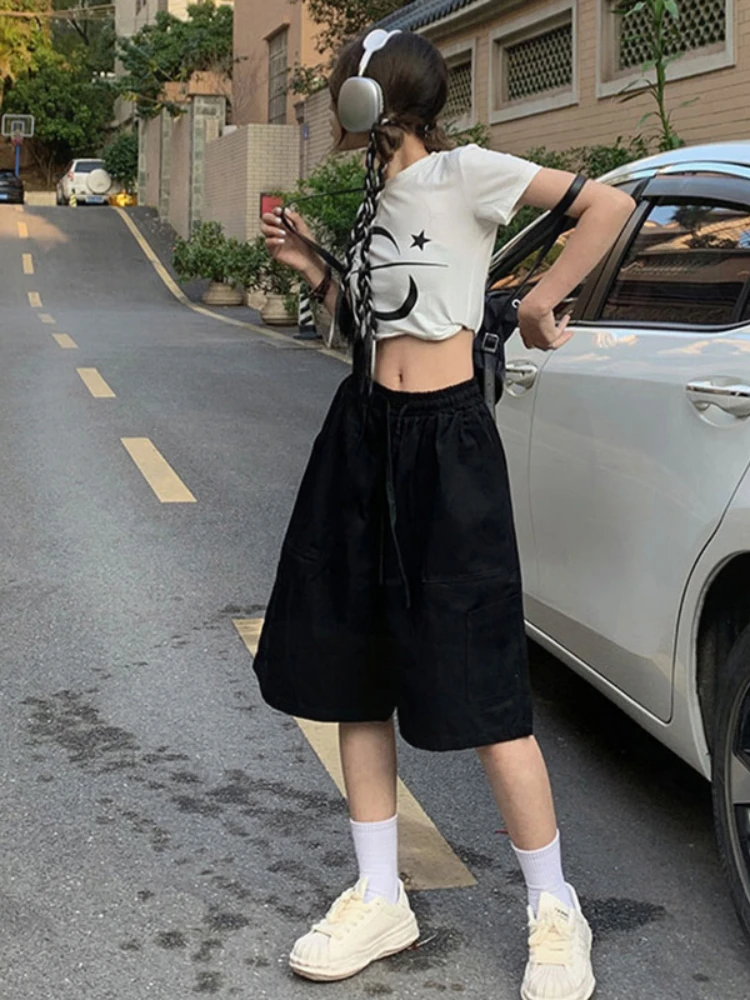 HOUZHOU Harajuku Korean Style Khaki Cargo Shorts Women Kpop Streetwear Hippie Oversized Black Wide Leg Short Pants Knee Length