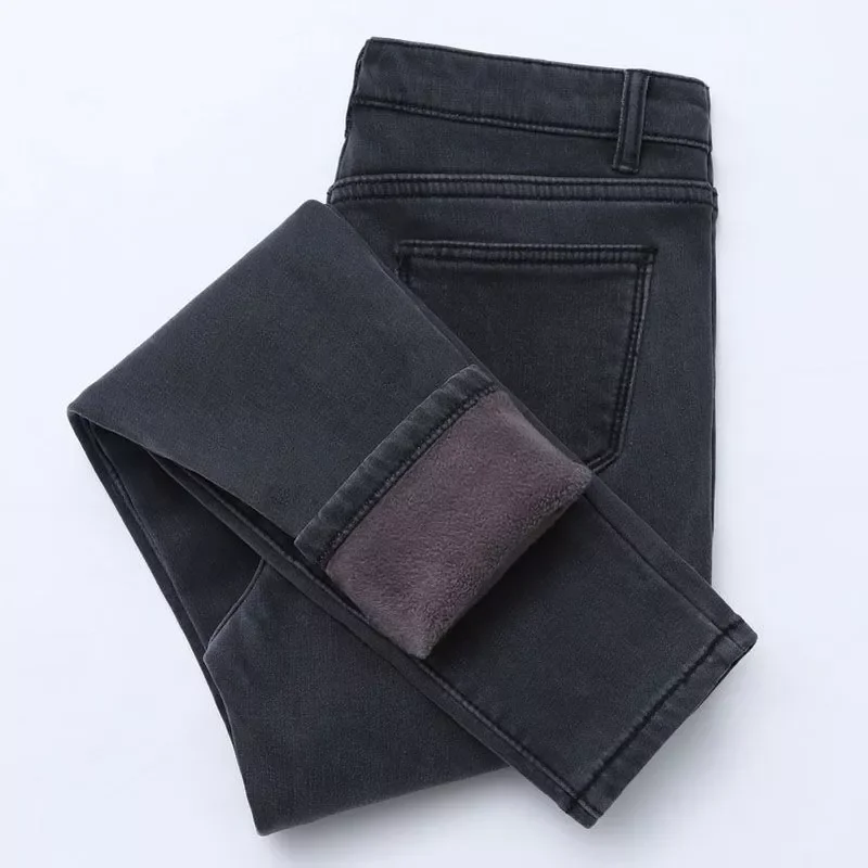 

Winter high waist jeans women Thick warm stretch skinny pencil pants Female Simple casual black trousers
