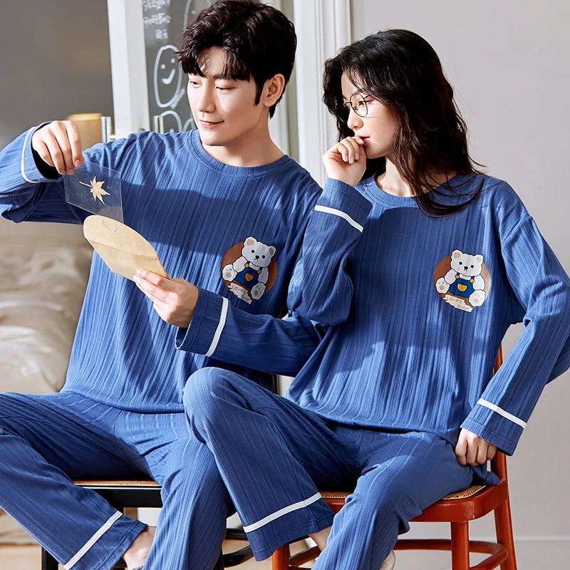 New Couple Long Sleeve Pants Pajamas Knitted Cotton O Collar Men Women Fashion Sleepwear for Youth Lovers pyjamas homme feminino