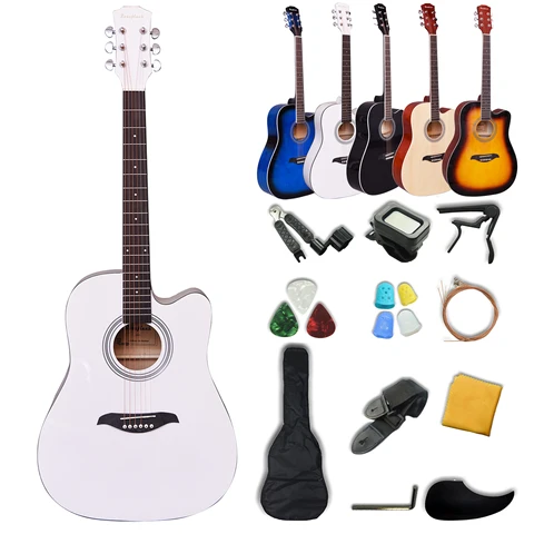 Акустическая гитара 41 дюйм, комплект для взрослых с фотографиями, защита для пальцев, синий/черный/белый/закат/деревянная гитара с 6 струнами