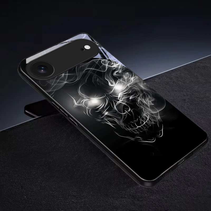 Фото Чехол для телефона из черного стекла с неоновым дымчатым черепом для iPhone 11 Pro 12 13 mini 14 15 Pro Max 16 E 17 Air XS Max XR 8 7 Plus Xs. №3
