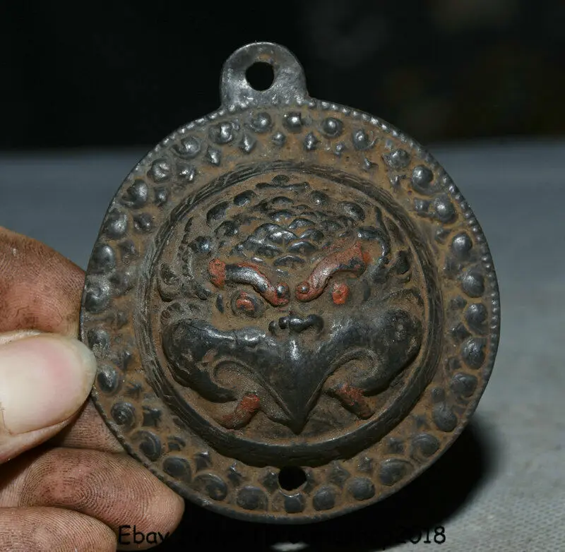 

3" Old Tibetan Bronze redpoll Wing Uncovering Road Full Swing Bird Eagle Buddha Face Pendant Charm