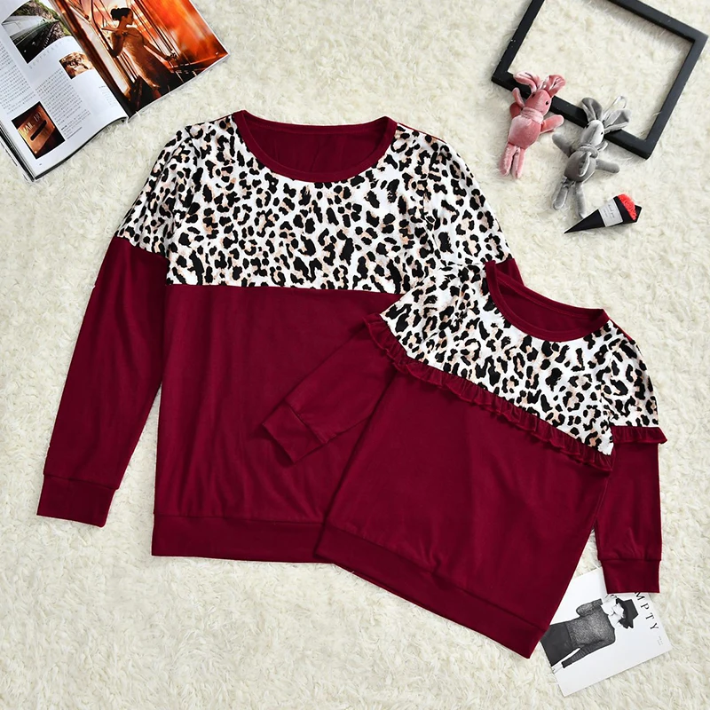 

Fashion Tie-dye Patchwork Family T Shirt Autumn Mother Daughter Long Sleeve Leopard T-shirts Tops Family Matching Clothes