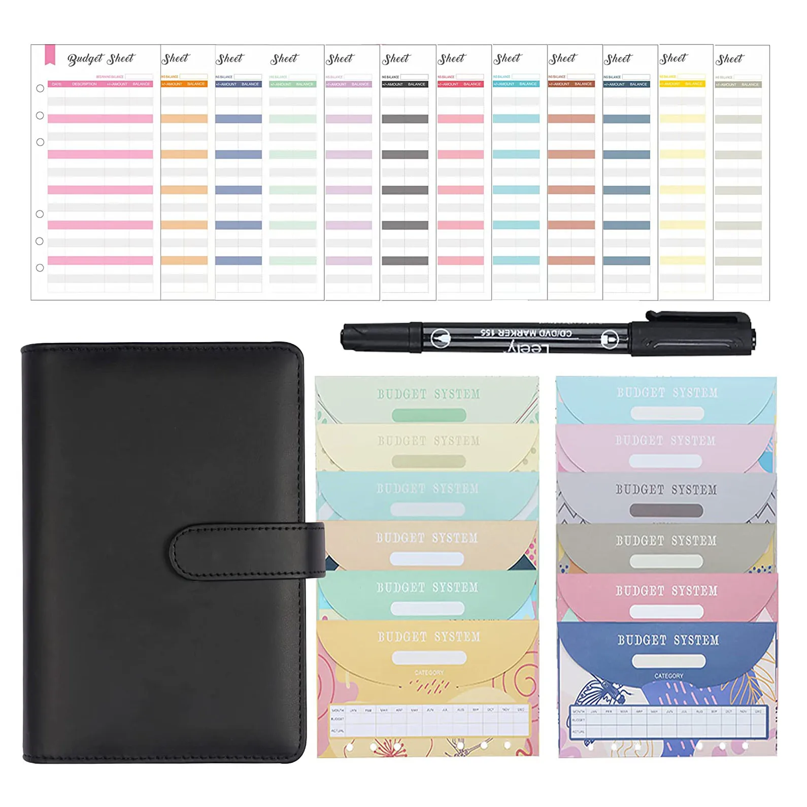 

A6 PU Leather Budget Binder Notebook Money Envelopes Organizer for Cash Saving with Cash Envelopes,Expense Sheets and Marker Pen