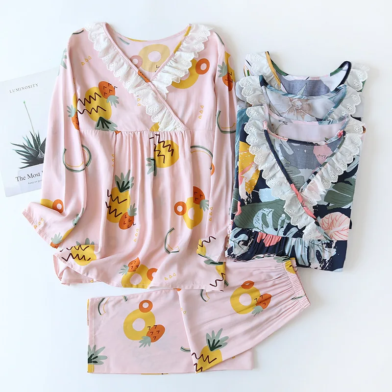 Pullover Pajamas Set Cross V-neck Viscose Long-sleeved Print Ruffle Trousers Spring Thin Mother Fairy Style Outerwear Home Wear