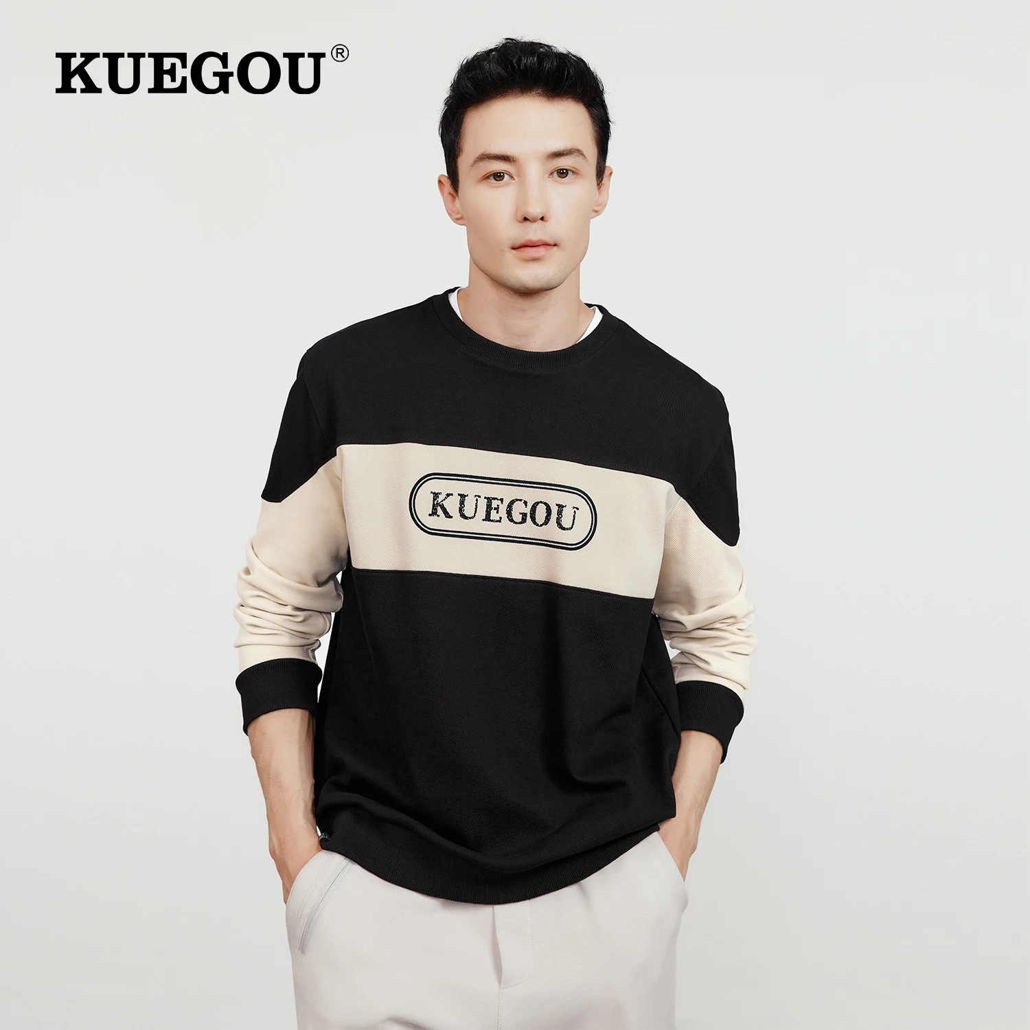 

KUEGOU 2022 Autumn New Men's Sweatshirt Jogger Cotton Blend Letter Print Casual Contrast Color Streetwear Top Plus Size 60051