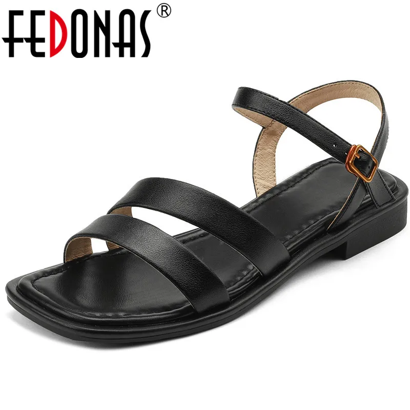 

FEDONAS Summer Women Sandals Office Ladies Casual Pumps Low Heels Fashion Concise High Quality Genuine Leather New Shoes Woman