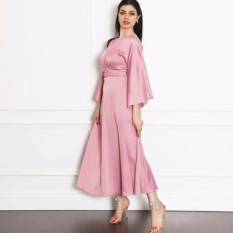 New Middle East Dubai Ramadan Satin Lotus Sleeve Dress Muslim Woman Robe Femme Musulmane Abaya Turkey Long Dresses