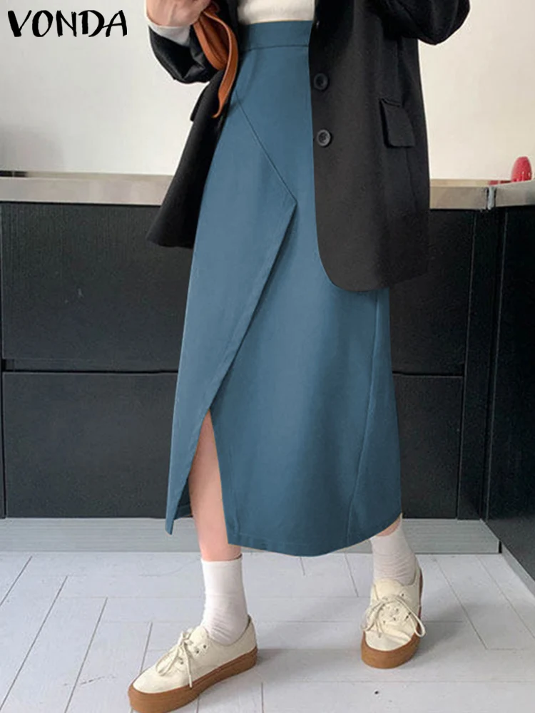

VONDA 2022 Stylish Women High Waist Jupe Party Skirt Female Y2K Casual Solid Jupe Long Solid Office Split Faldas Saia Oversized