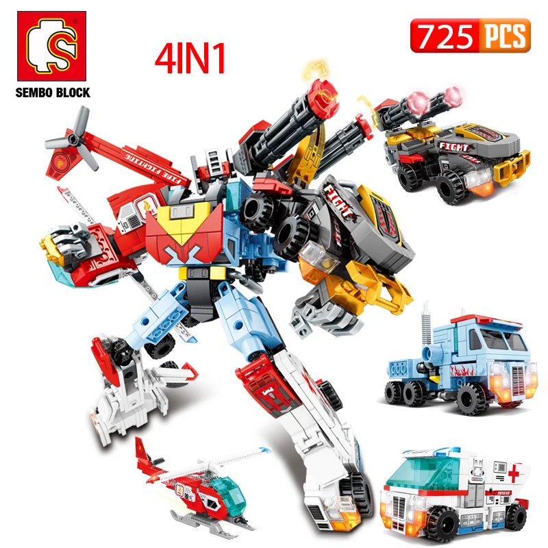 

SEMBO BLOCKCity 4-in-1 Deformation Robot Warrior Building Block Helicopter Ambulance Artillery Car Children's Puzzle Toy Gift