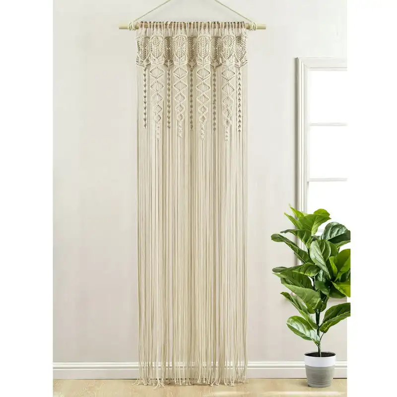 

Macrame Textured Room Divider - Light Filtering Bohemian Window Curtain and Wall Decor - Single, 40 inch X 84 inch Gray window c