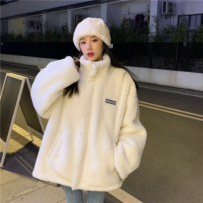 

2022 Autumn Winter New Korean Style Fashion Loose Sweater Women's Cotton Clothes Lamb Wool Plush Coat Women