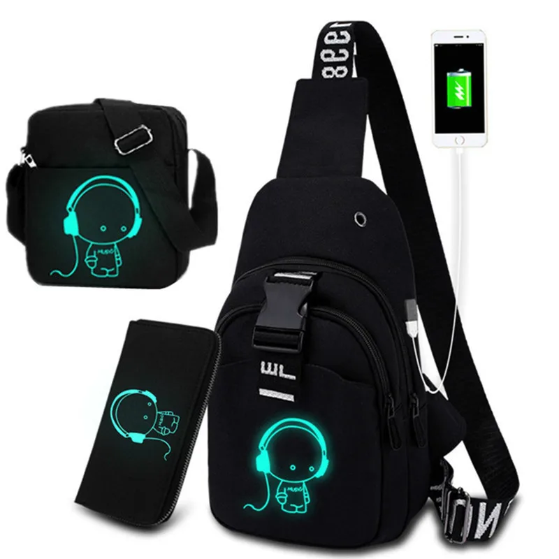 

3PC Multifunction Fashion Men Crossbody Bags USB Charging Chest Pack Short Trip Men 's Shoulder Bag Single Luminous Chest Bag