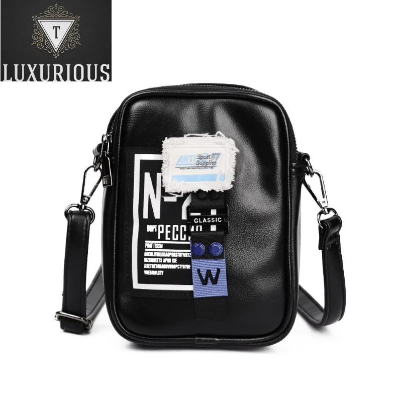 

Fashion Badge Patch Mobile Phone Small Shoulder Male PU Leather Casual Mini Men Crossbody Bag Handbags