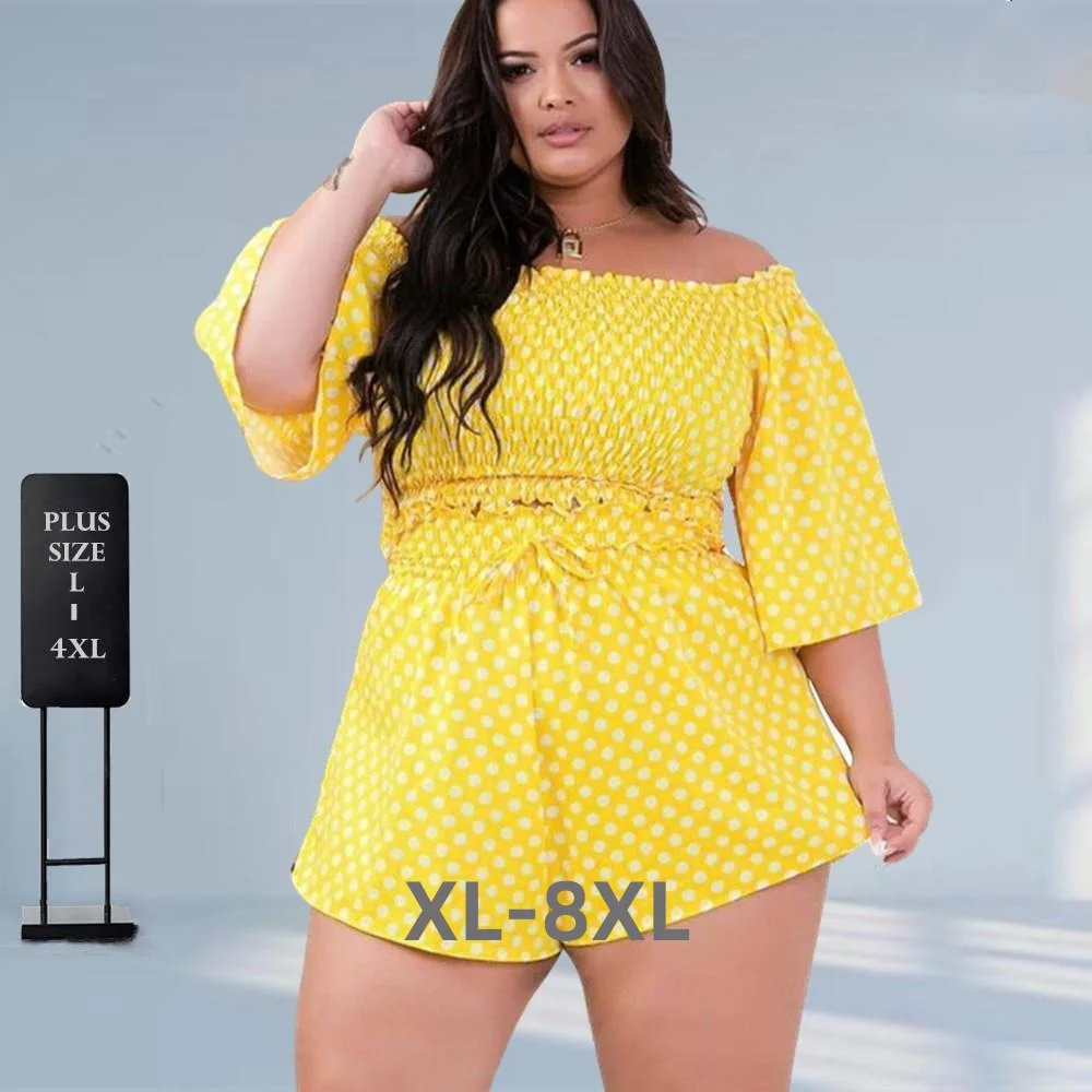 Plus Size New Two Piece Set Women's Clothing Wholesale Off Shoulder Short Sets Dot Print Top Sweet Suit Summe 3xl 4xl 5xl 6xl