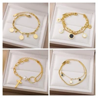stainless steel multilayer pendant bracelets for women retro punk gothic portrait coin cross pearl bracelet jewelry gift