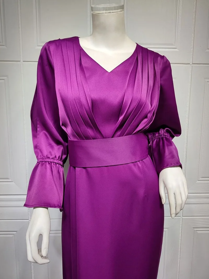 Party Abaya Arabic Evening Dress Women Satin Open Sleeves Front Pleated Muslim Long Dress Belted Islam Dubai Hem Split Abayas