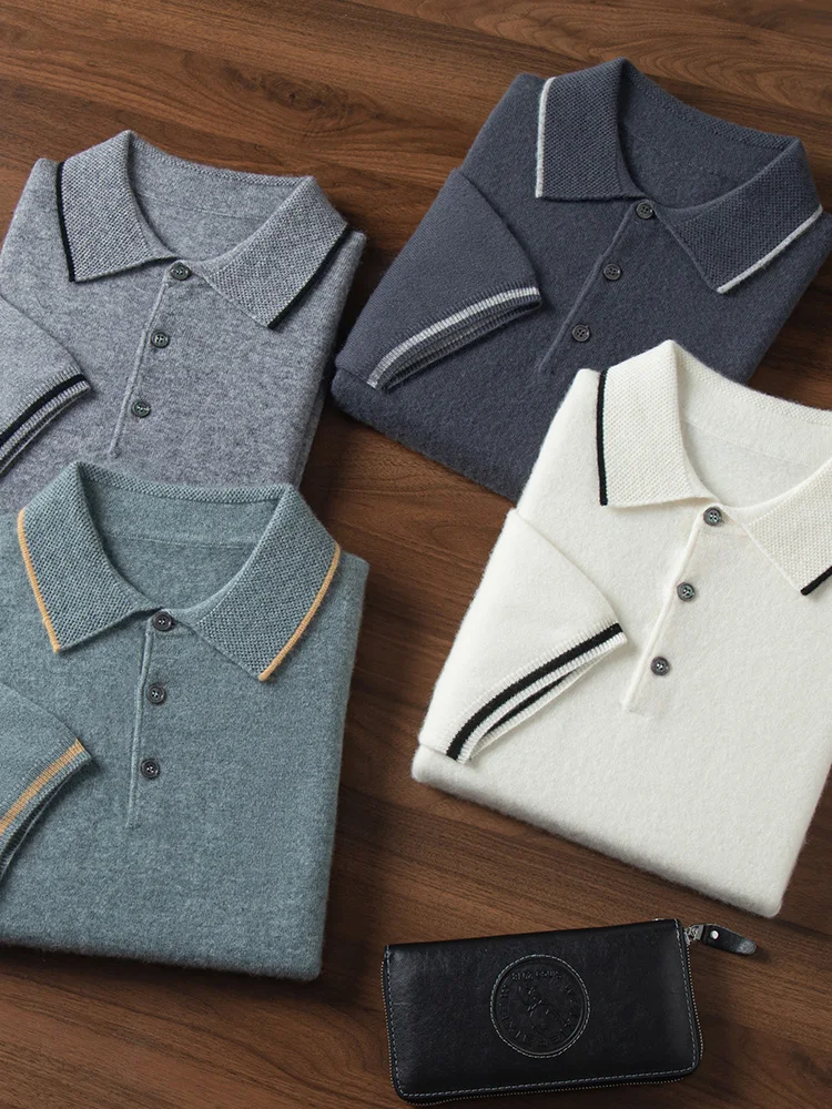 Мужская кашемировая футболка-поло с коротким рукавом