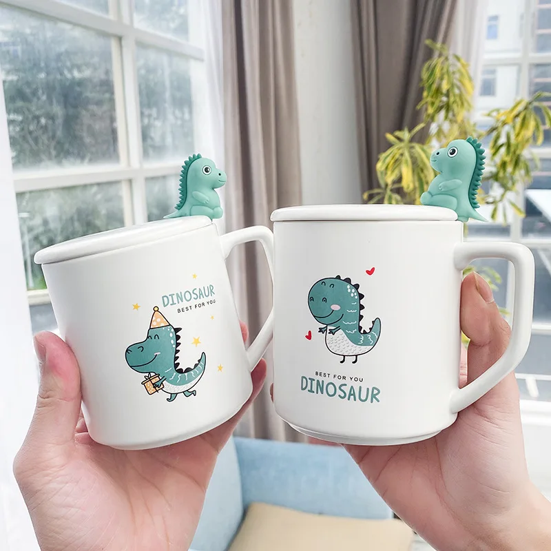 

400ML Cute Cartoon Matte Dinosaur Ceramic Cup with Cover and Spoon Water Cup Men and Women Small Fresh Student Creative Mug