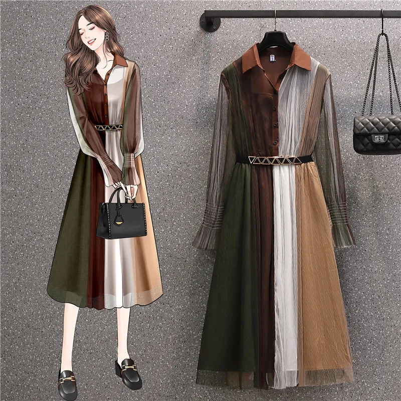 

Retro stitching contrast color mid-length mesh dress female plus size autumn new fashion trumpet sleeve shirt dress with belt