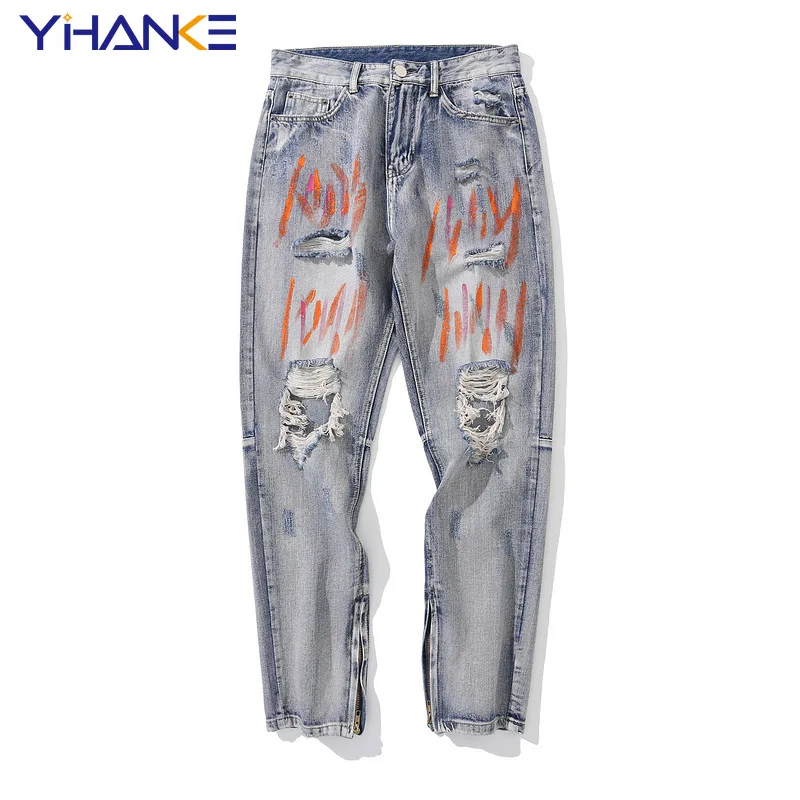 

Европейские и американские модные брендовые рваные джинсы мужские узкие брюки в стиле хип-хоп граффити с маленькими лапами в национальном ...
