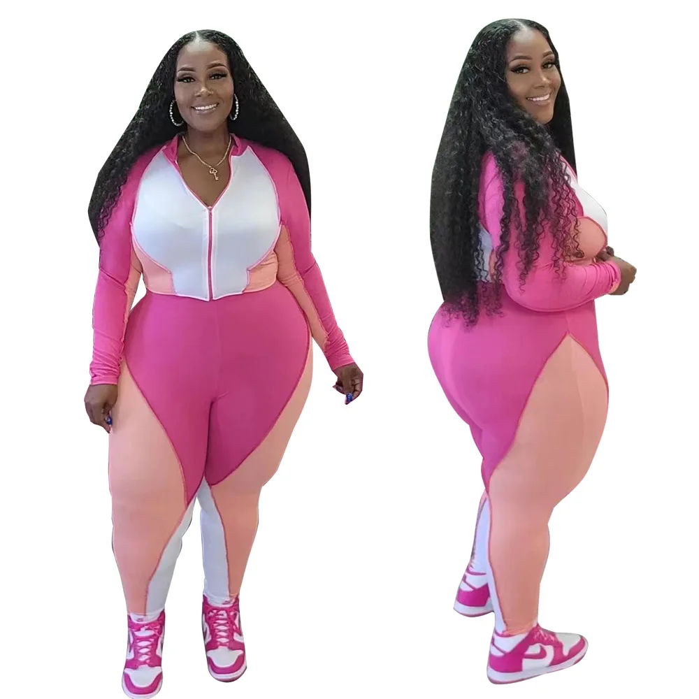 Plus Size Women Sets Patchwork Zipper Tops And Pencil Pants 2022 Fall Two Piece Set Female Designer Clothing Casual Sweatshirts