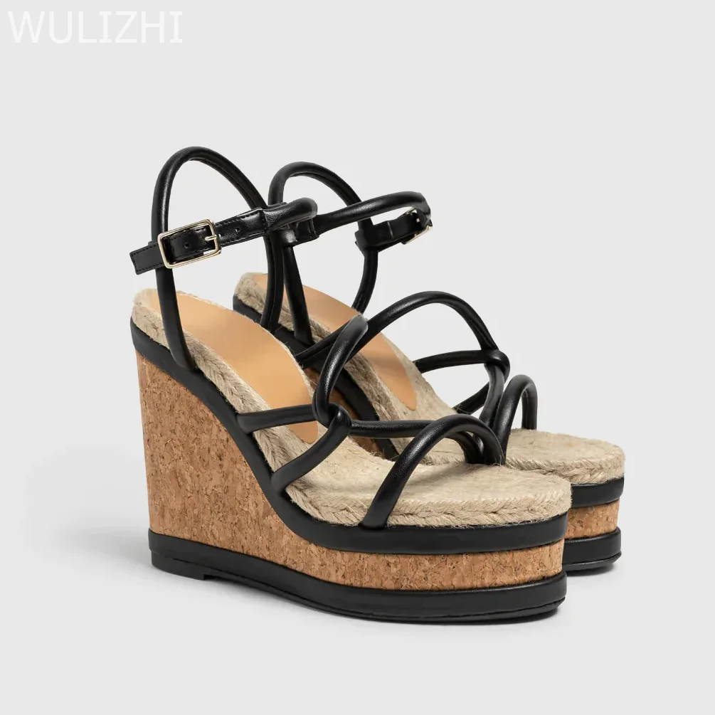 Wood Pattern Black Cross Strap Wedge Sandals Ladies Sexy Open Heel Slingback Buckle Design Round Toe Low Platform Gladiator Shoe