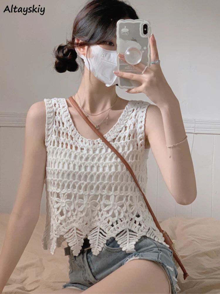 

Knitted Hook Flower Hollow Tanks Women Elegant White Female Sweet Cute Sexy Korean Style New Collection Stylish Summer Crop Tops