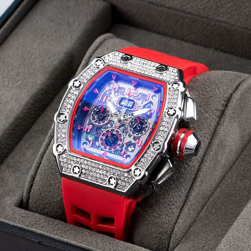 2022 New Men's High-quality Diamond Quartz Watch Hollow Glass Stainless Steel Case Black Rubber Watch